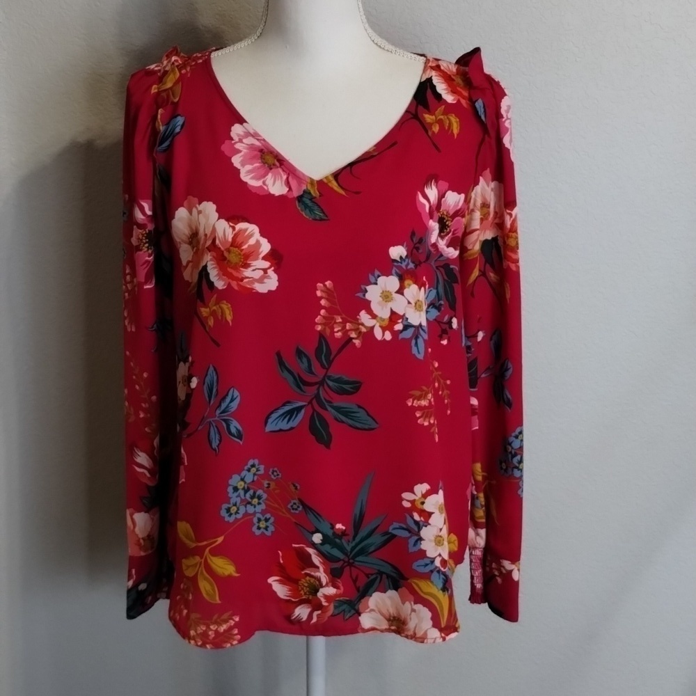 LOFT Blouse Size Small Floral Print Long Sleeve V Neckline Ruffle Shoulder